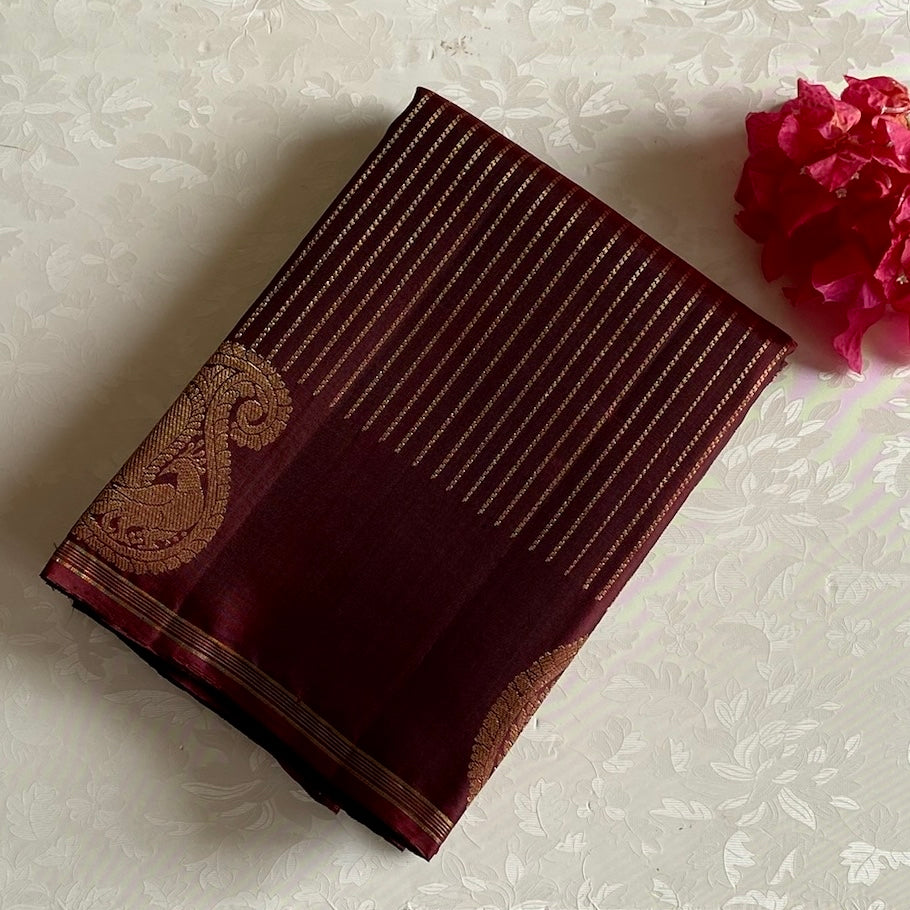 Espresso Chocolate Designer Pure Silk Saree With Antique Gold Brocade Pallu