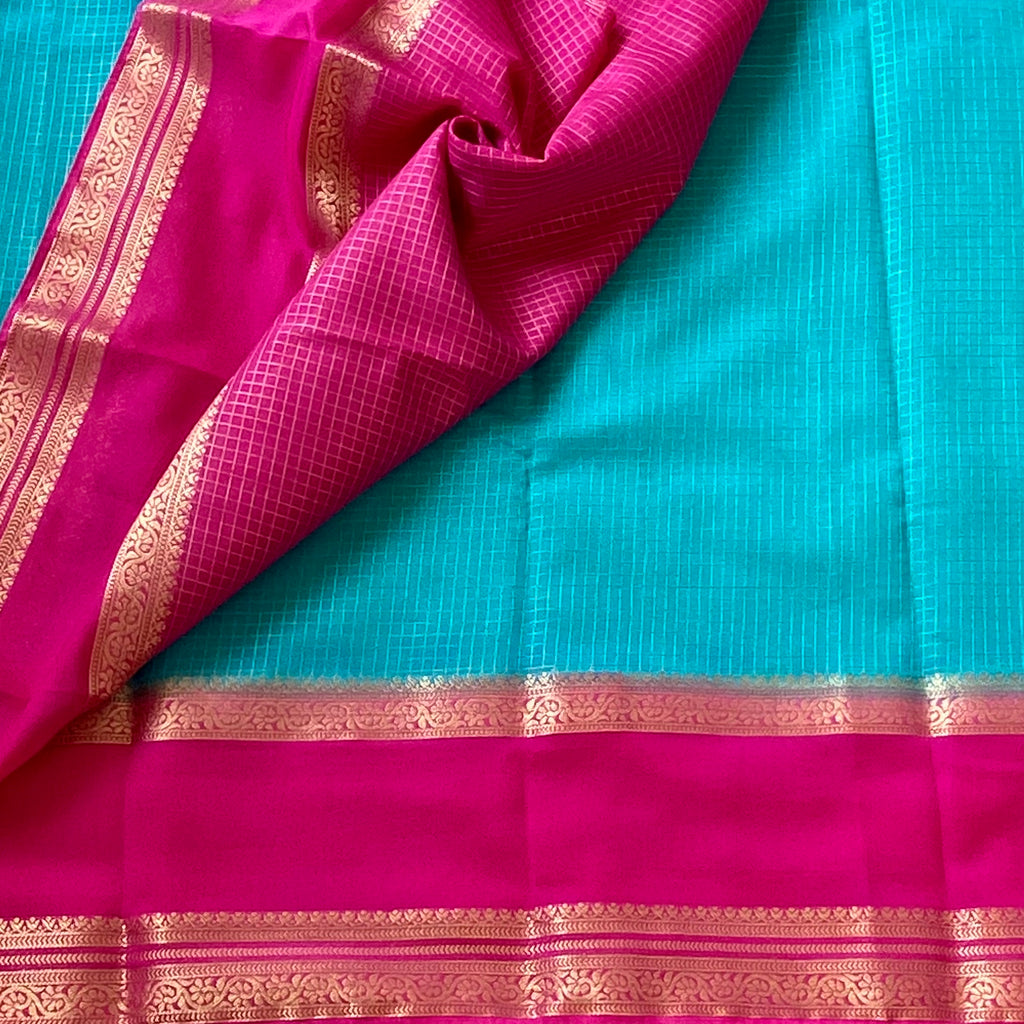 Traditional Teal Fuchsia Silk Saree With Gold Zari Paisley Pallu