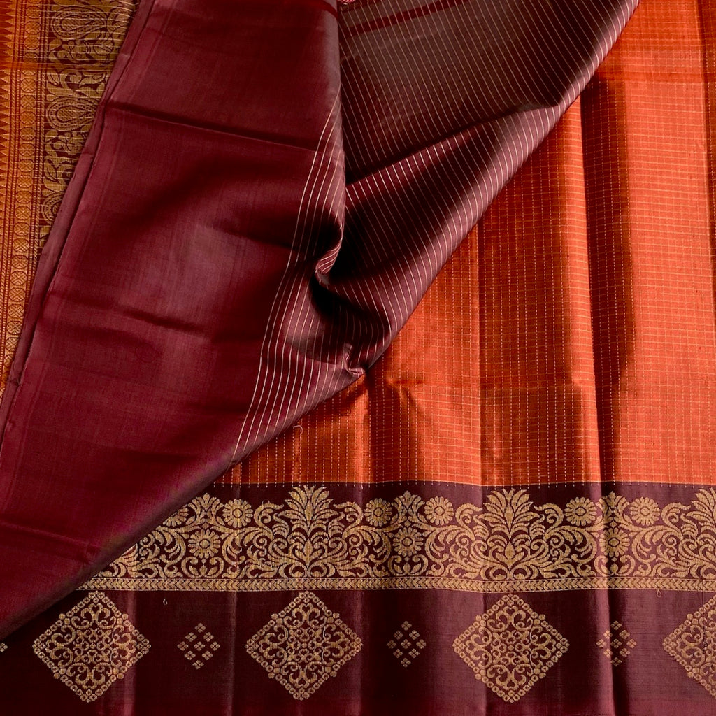Burgundy Designer Pure Silk Saree With Burnt Orange Pallu And Gold Zari