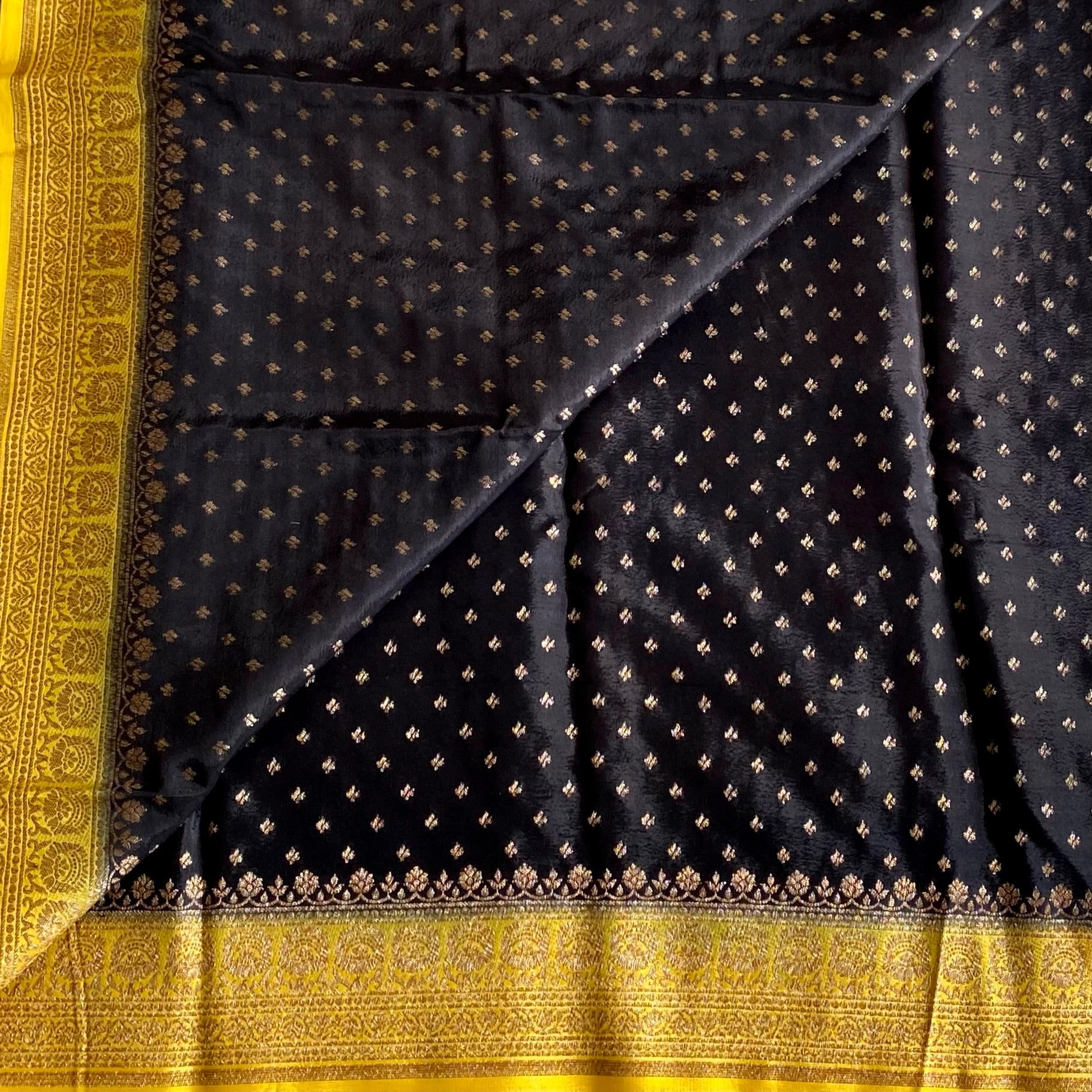 Jet Black Banarasi Crepe Silk with Golden Yellow Contrast