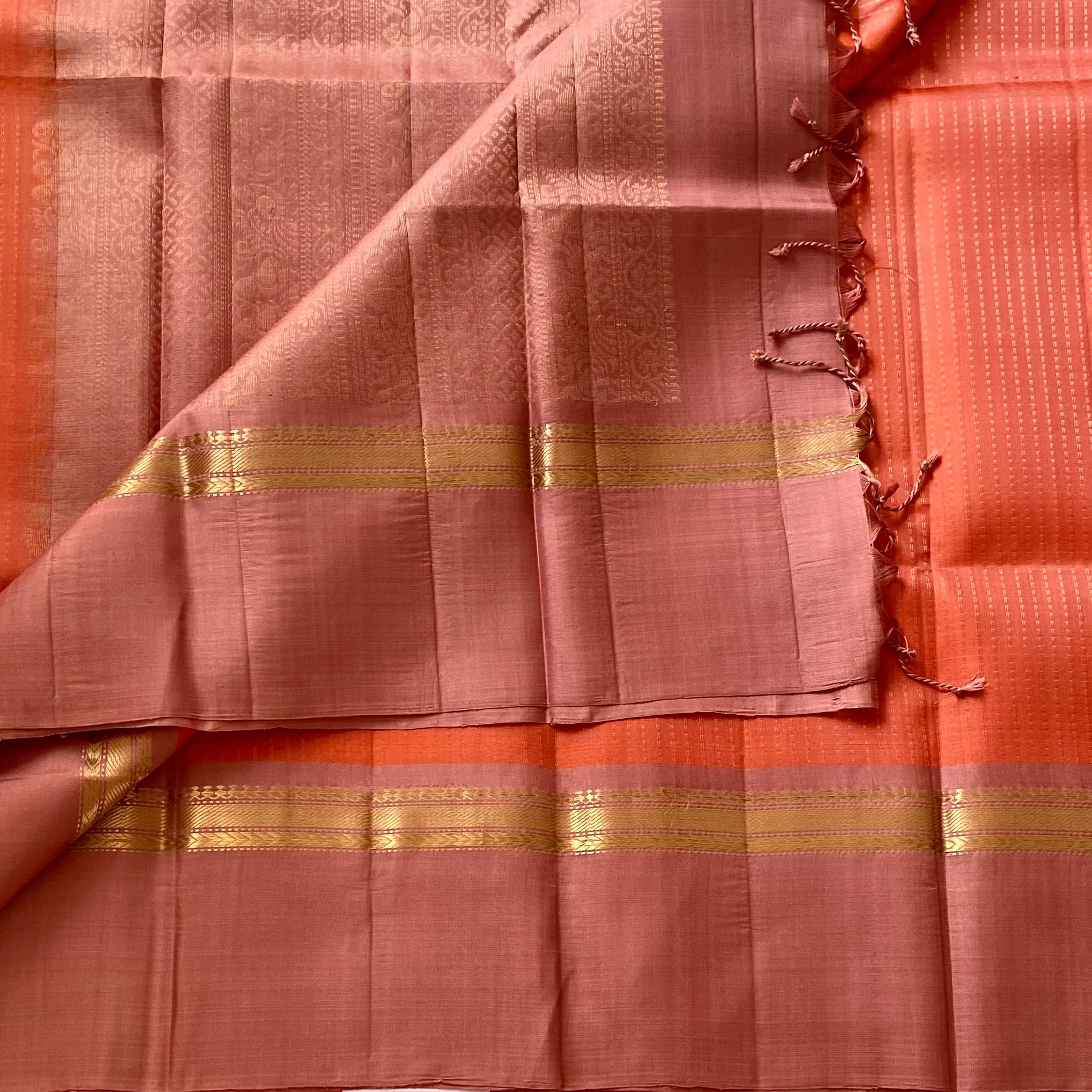 Sunset Orange Designer Pure Silk With Dusty Rose Pallu