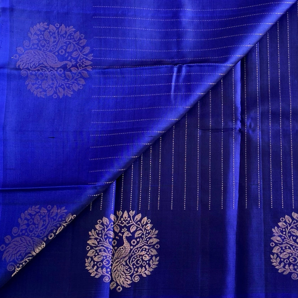 Royal Blue Designer Pure Silk Saree With Antique Gold Zari Border