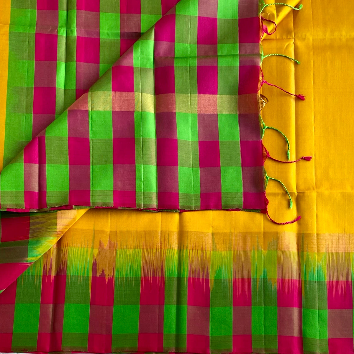 Designer Pure Silk Golden Yellow With Multi Checkered Borders & Pallu