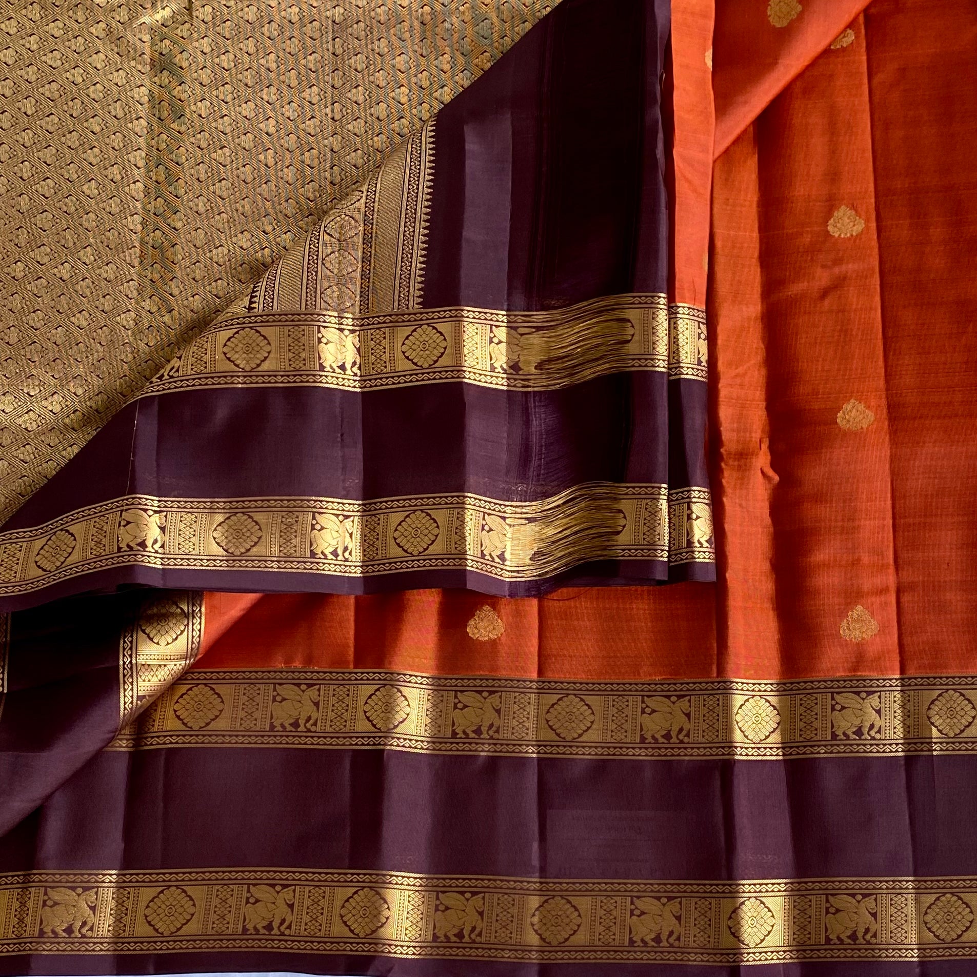 Deep Rust Designer Pure Silk Saree With Wine Brown Pallu