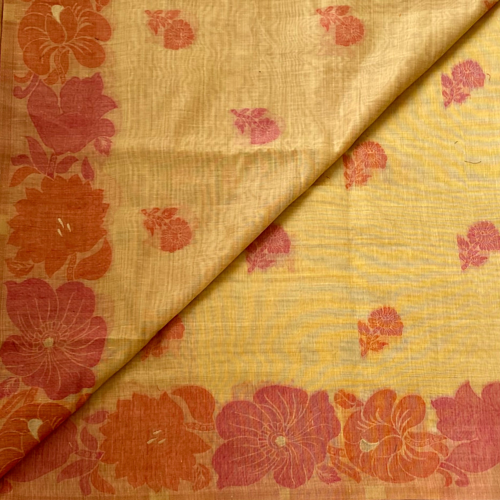 Light Mustard Floral Saree Peach Pink Pallu Yellow Tassels Soft