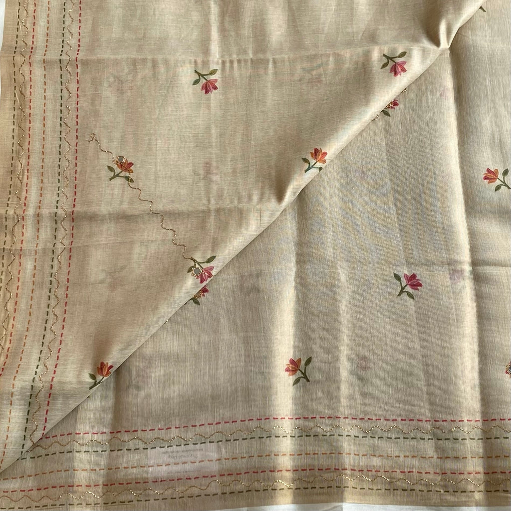 Dreamy Beige Softest Linen Tussar Saree With Dusty Rose Pallu