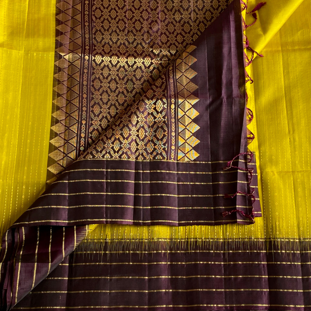 Lime Yellow Designer Pure Silk Saree With Deep Plum Pallu