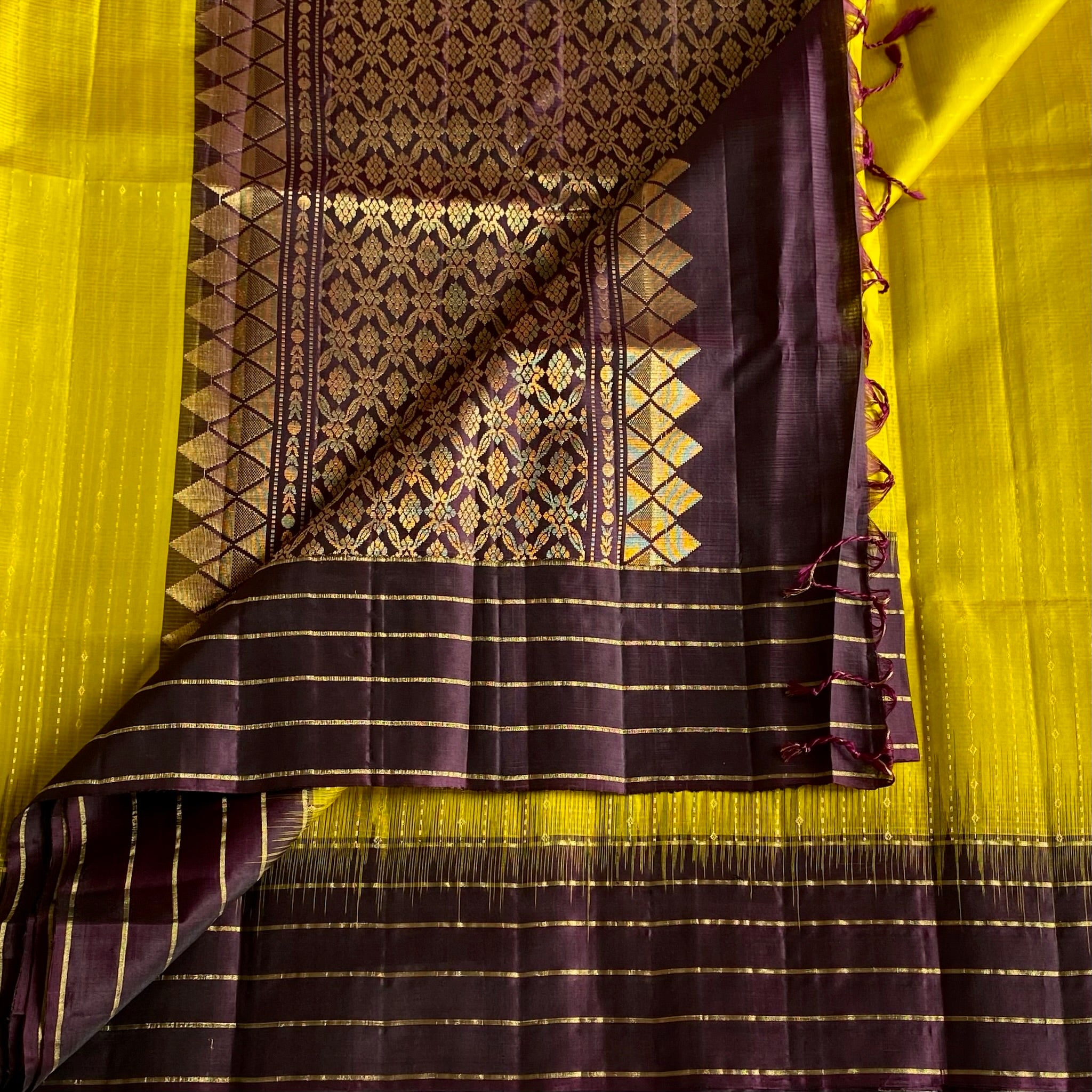 Lime Yellow Designer Pure Silk Saree With Deep Plum Pallu