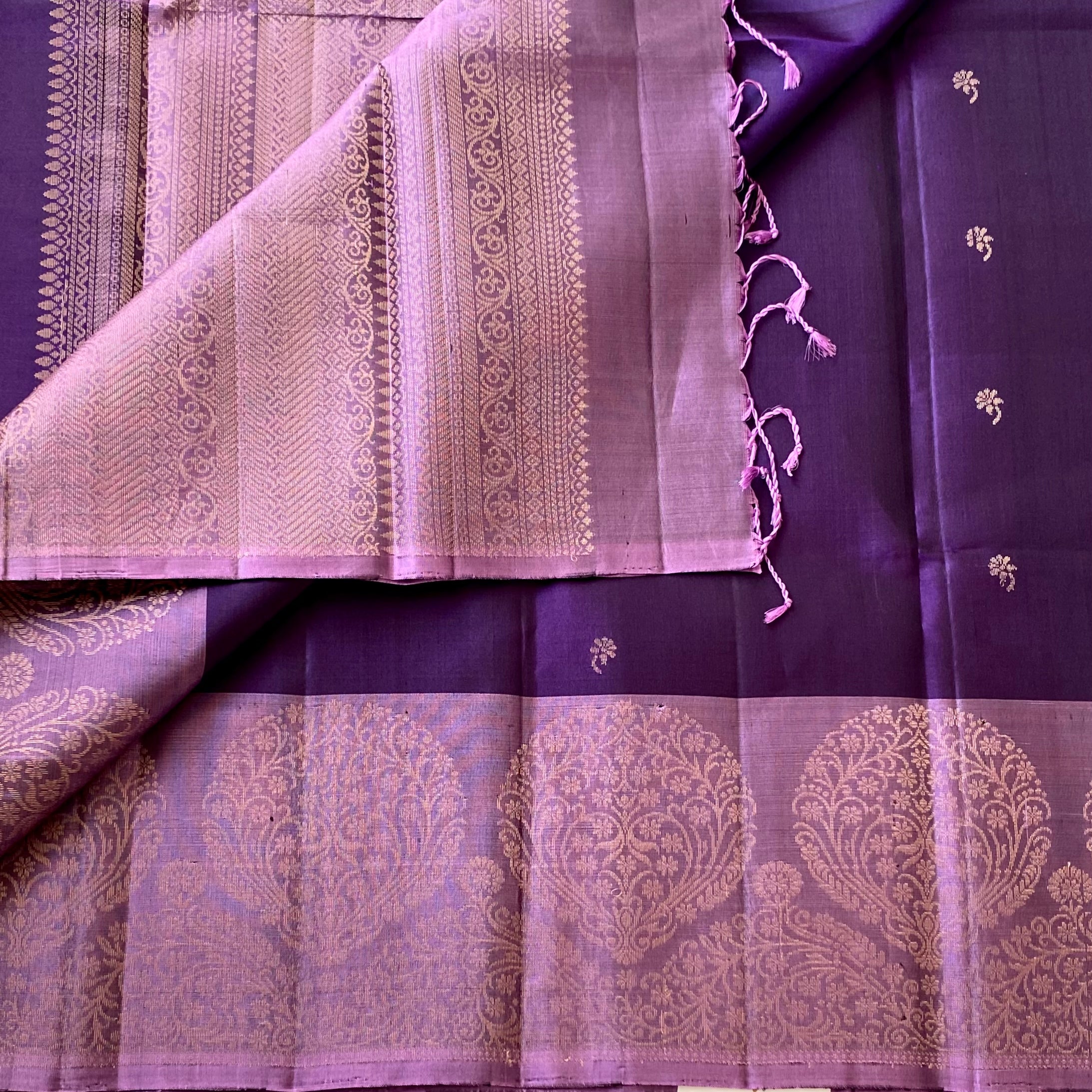Deep Violet Silk Saree Rose Gold Zari Paisley Brocade Traditional