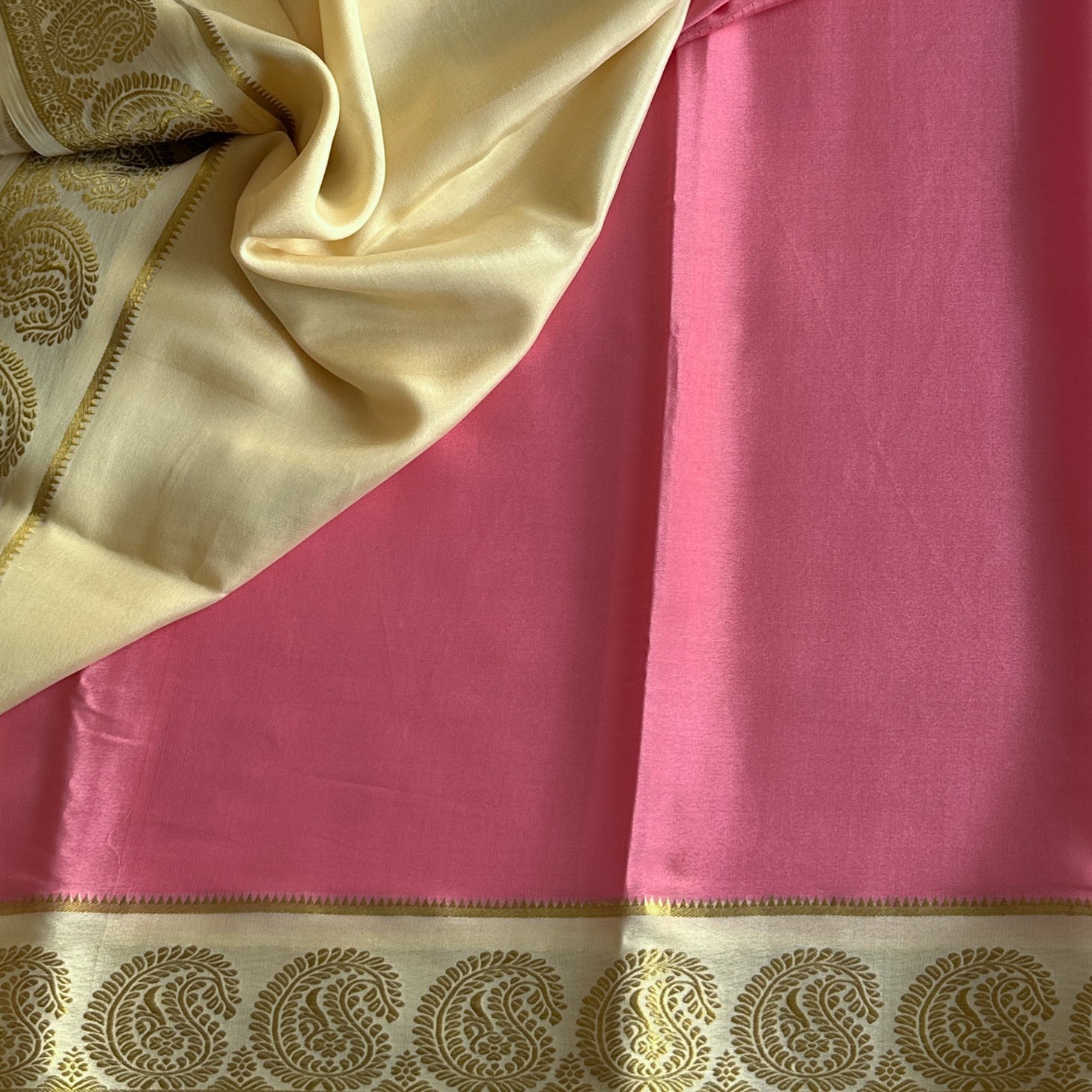 Soft rose pink with Gold Paisley Border pure Mysore silk