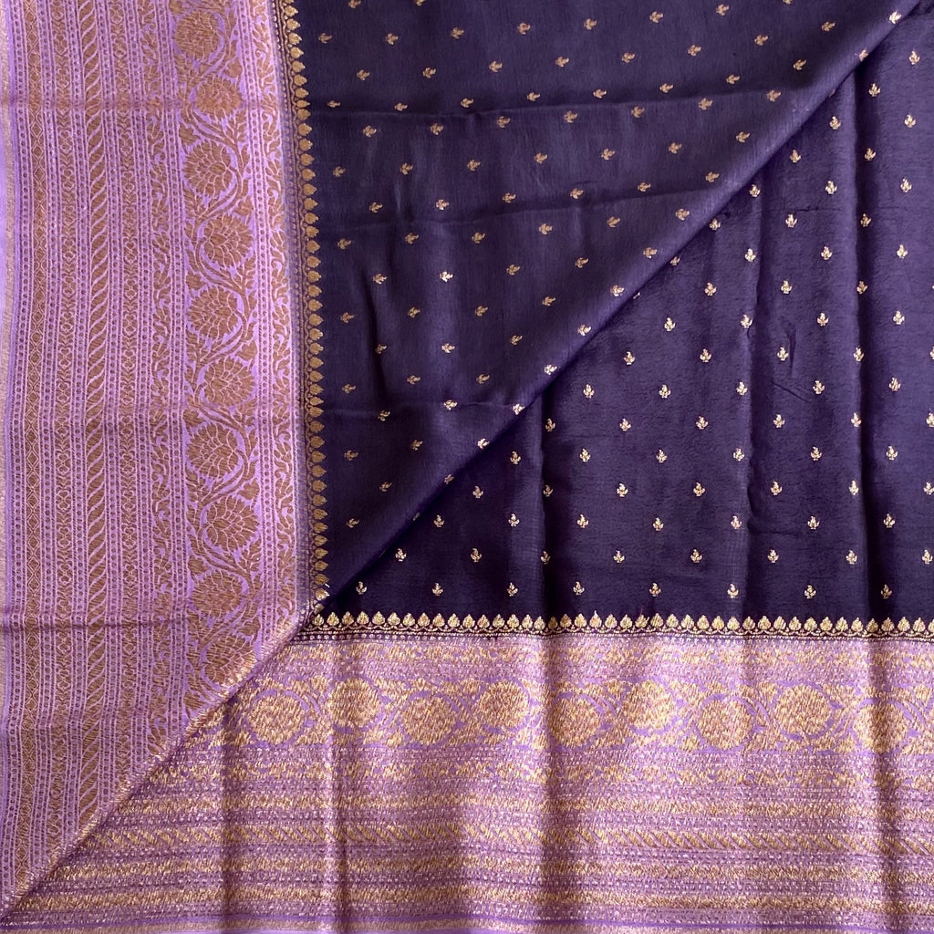 Deep Purple Banarasi Crepe Silk Saree With Lilac Lavender Pallu And Gold Brocade