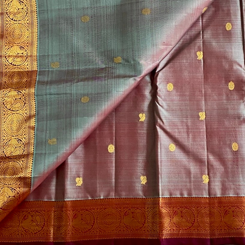 Dual Shaded Mauve Grey Kanjeevaram Pure Zari Silk With Magenta Pallu