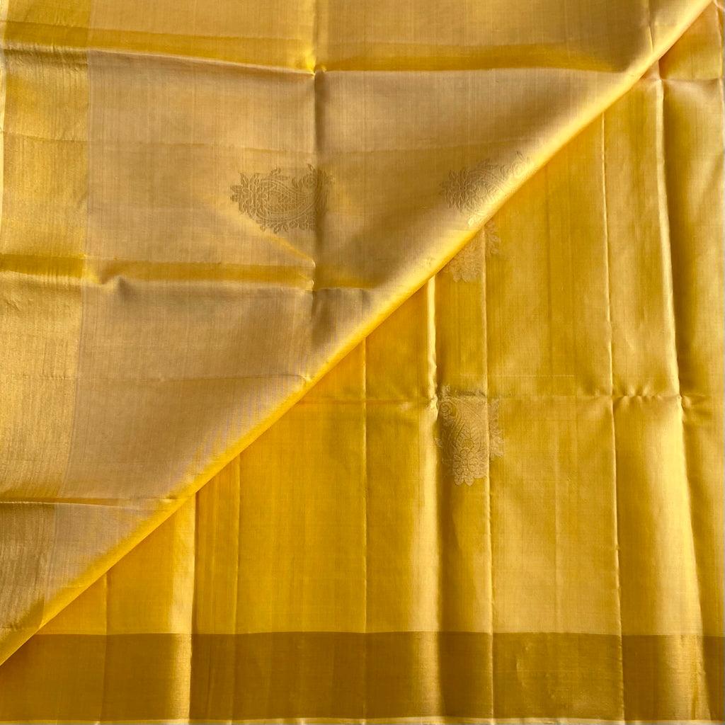 Lightest Yellow Gold Designer Pure Silk Saree With Rani Pink Pallu Gold Border