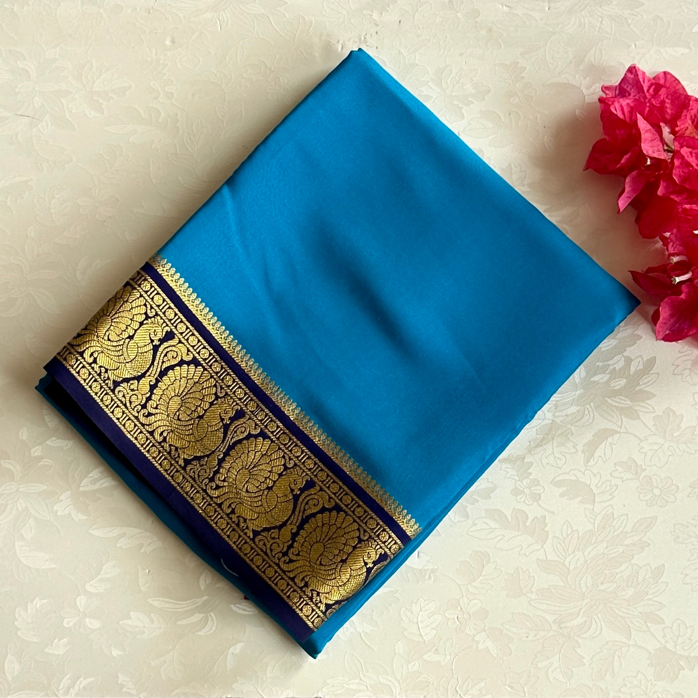 Cobalt Blue Silk Saree With Gold Woven Paisley Border Elegant