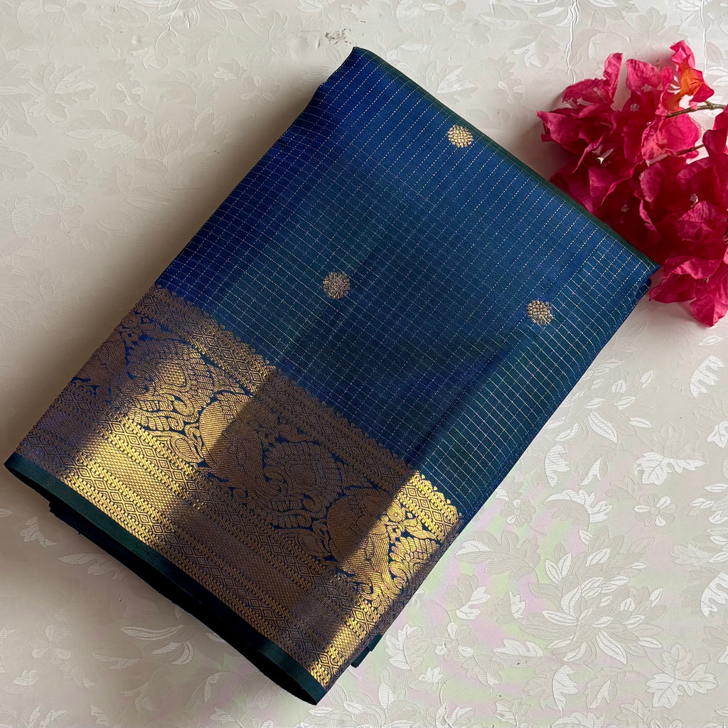 Peacock Blue Kanjeevaram Pure Zari Silk Saree With Zari Checkered Weave