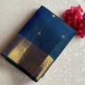 Peacock Blue Kanjeevaram Pure Zari Silk Saree With Zari Checkered Weave