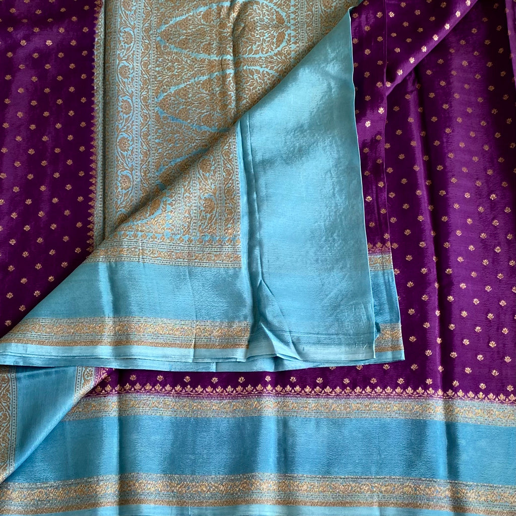 Royal Purple Sky Blue Banarasi Crepe Silk Saree With Brocade Pallu