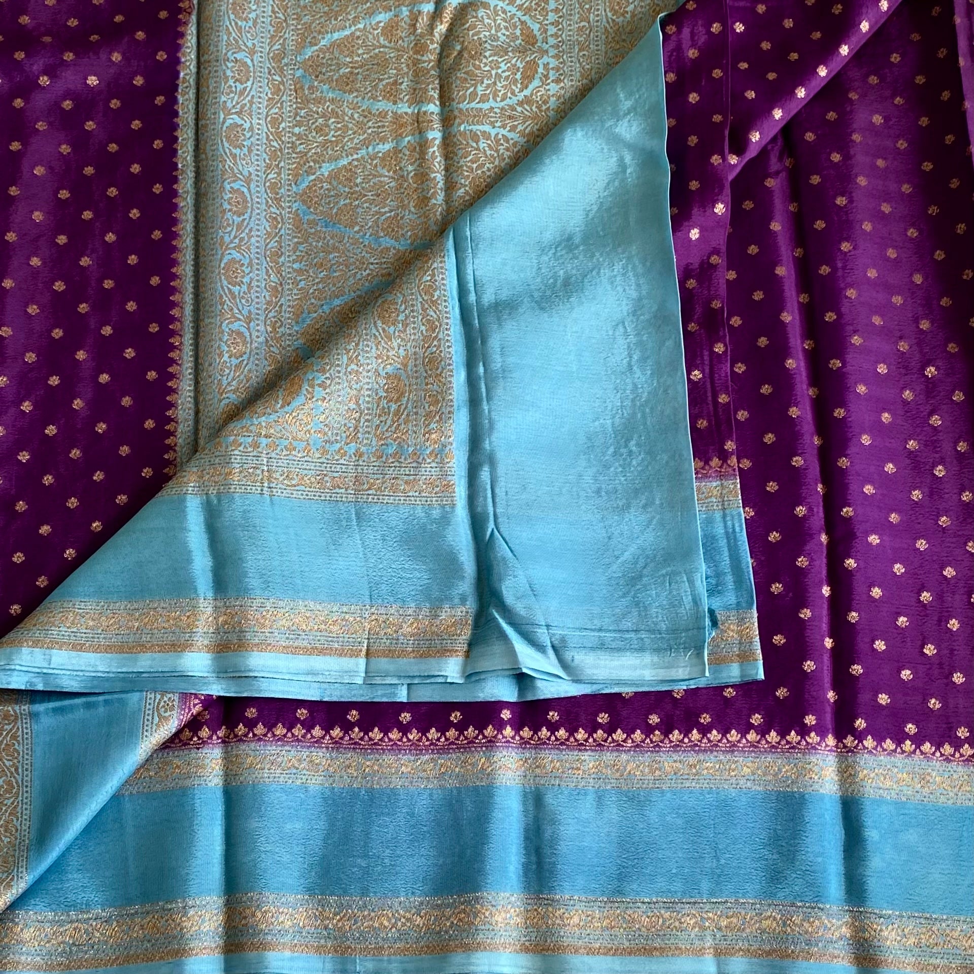 Royal Purple Sky Blue Banarasi Crepe Silk Saree With Brocade Pallu