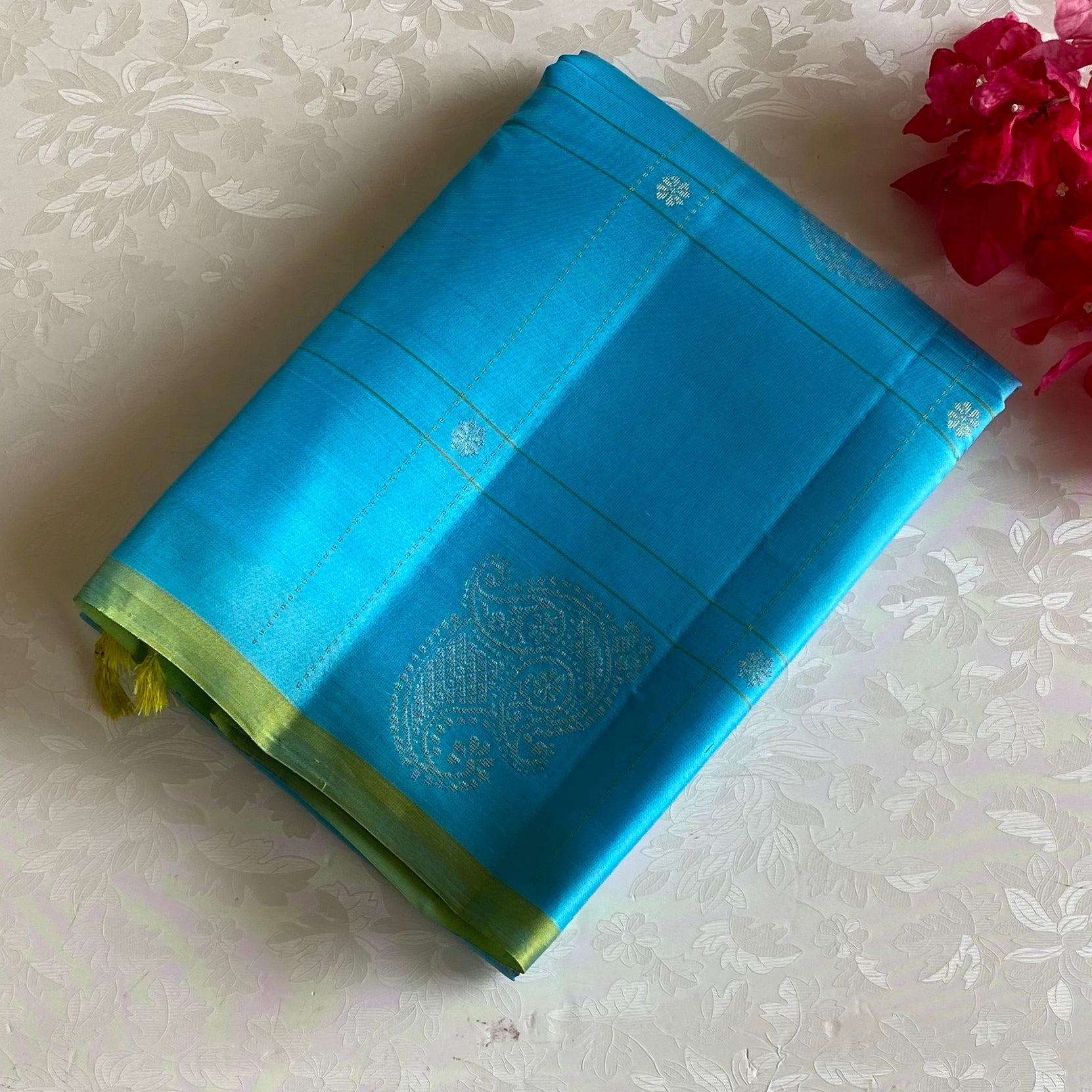 Turquoise Blue Designer Pure Silk Saree With Lime Green Pallu