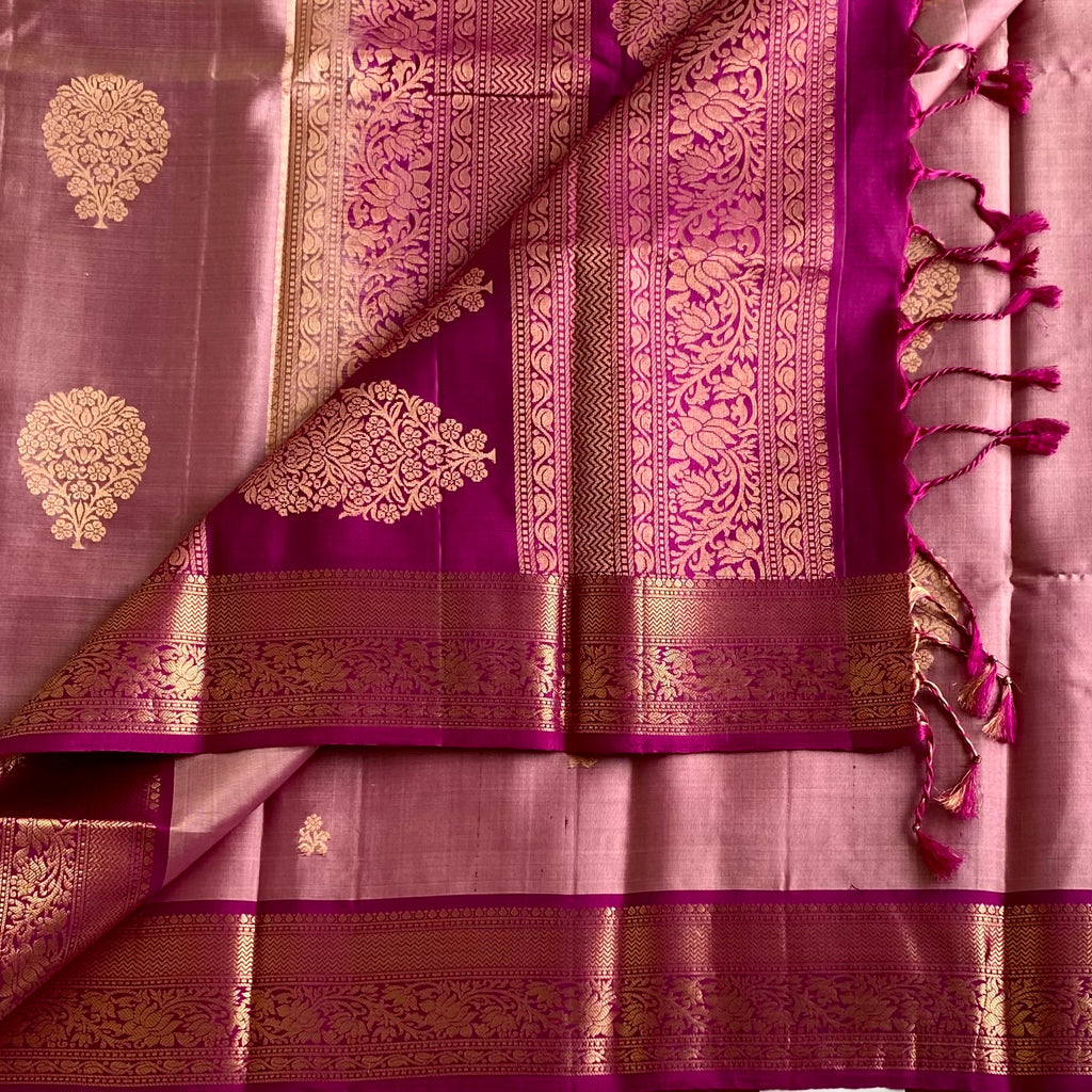 Dusty Metallic Rose Designer Pure Silk Saree With Fuchsia Pallu And Gold Zari