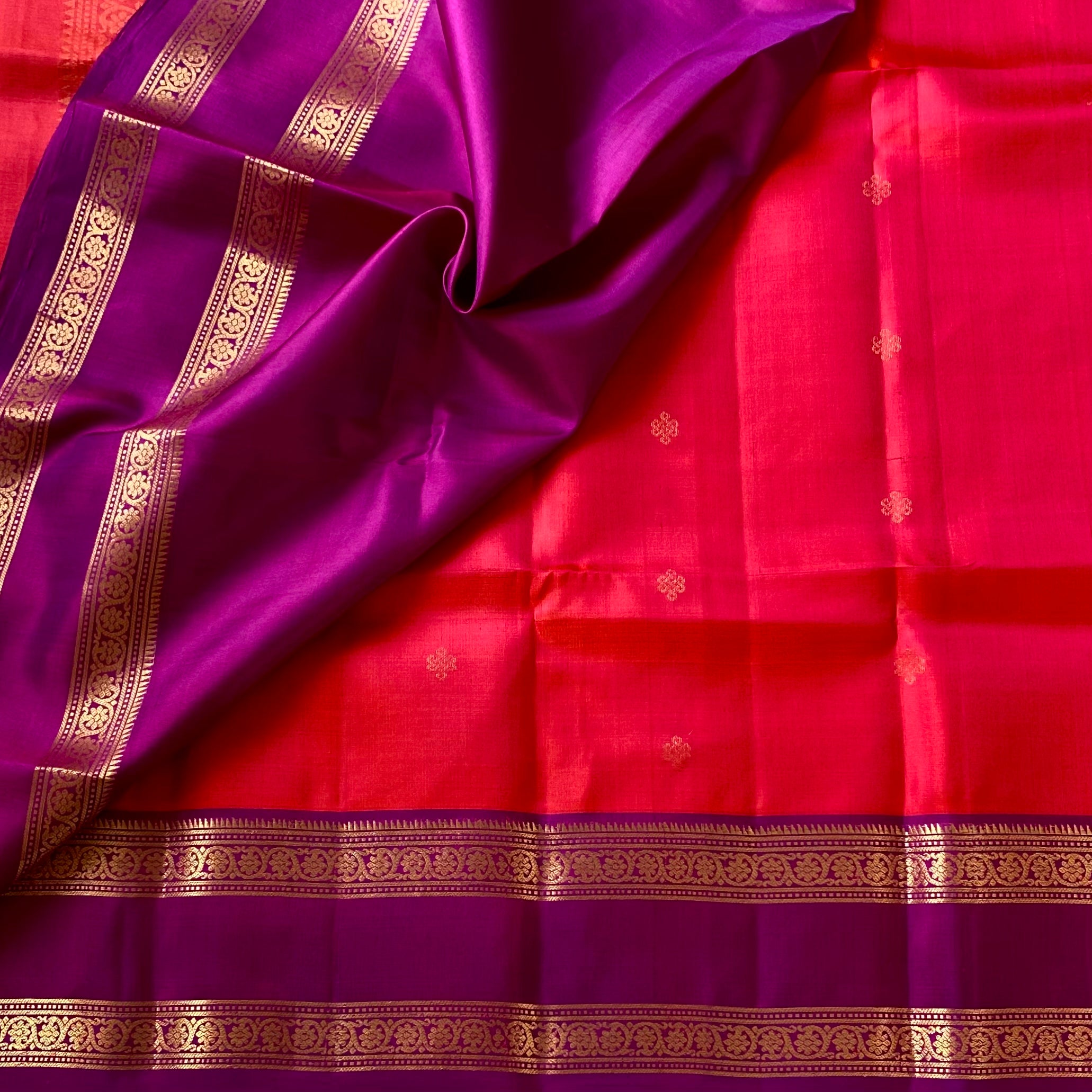 Magenta Silk Saree with Gold Brocade Crimson Red Contrast Pallu