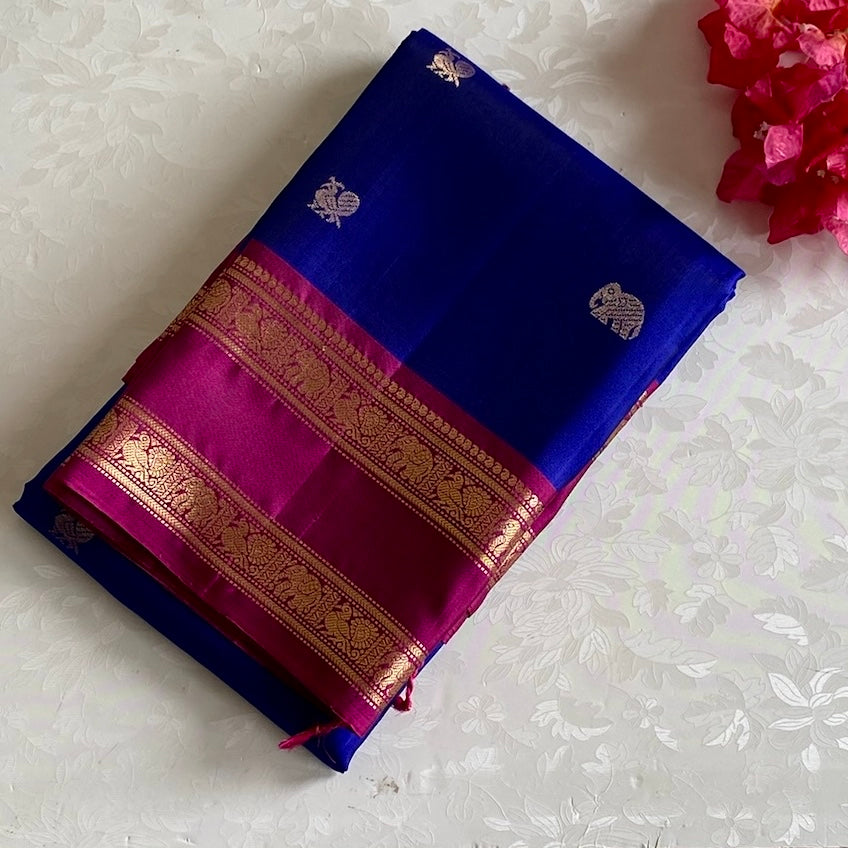 Royal Blue Designer Pure Silk Saree With Magenta Pallu And Gold Zari