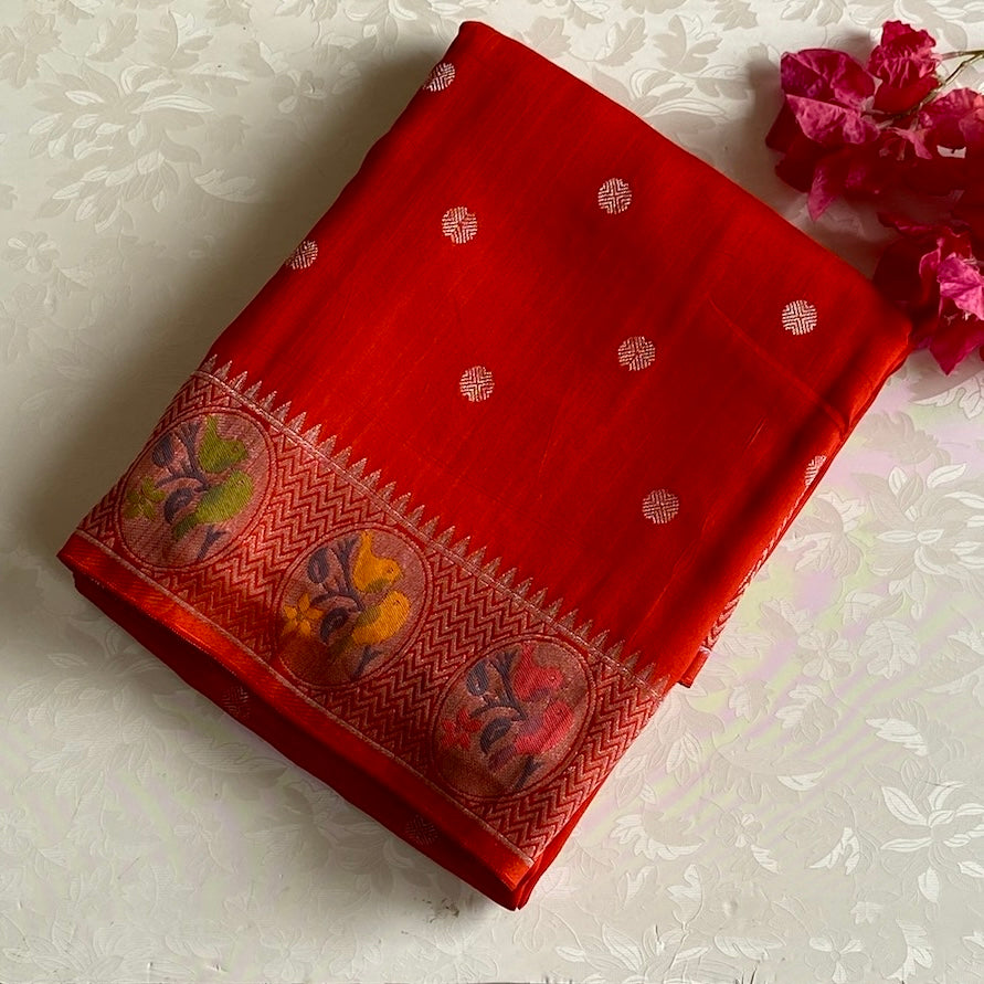 Vermilion Red Soft Tussar Silk Saree With Mustard Yellow Border