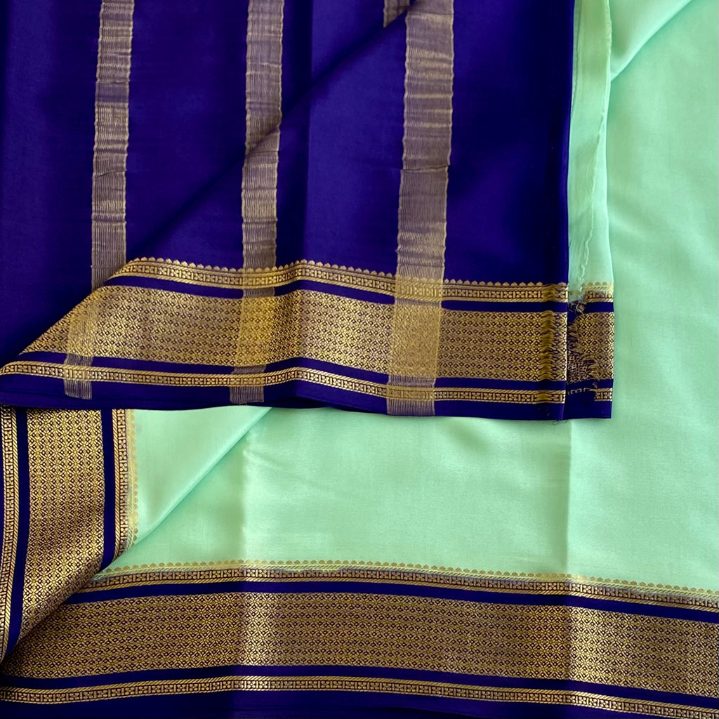 Sea Green With Rich Navy Blue Mysore Crepe Silk Saree With Antique Gold Borders