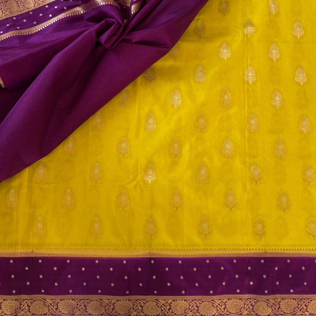 Lemon Yellow Banarasi Silk Saree with Royal Purple Zari Pallu