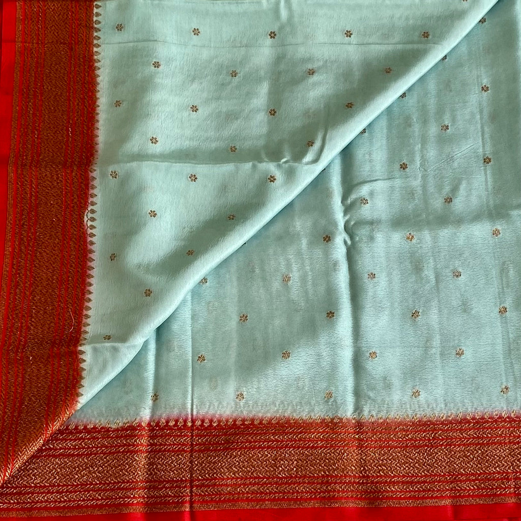 Powder Blue Banarasi Crepe Silk Saree With Scarlet Red Pallu