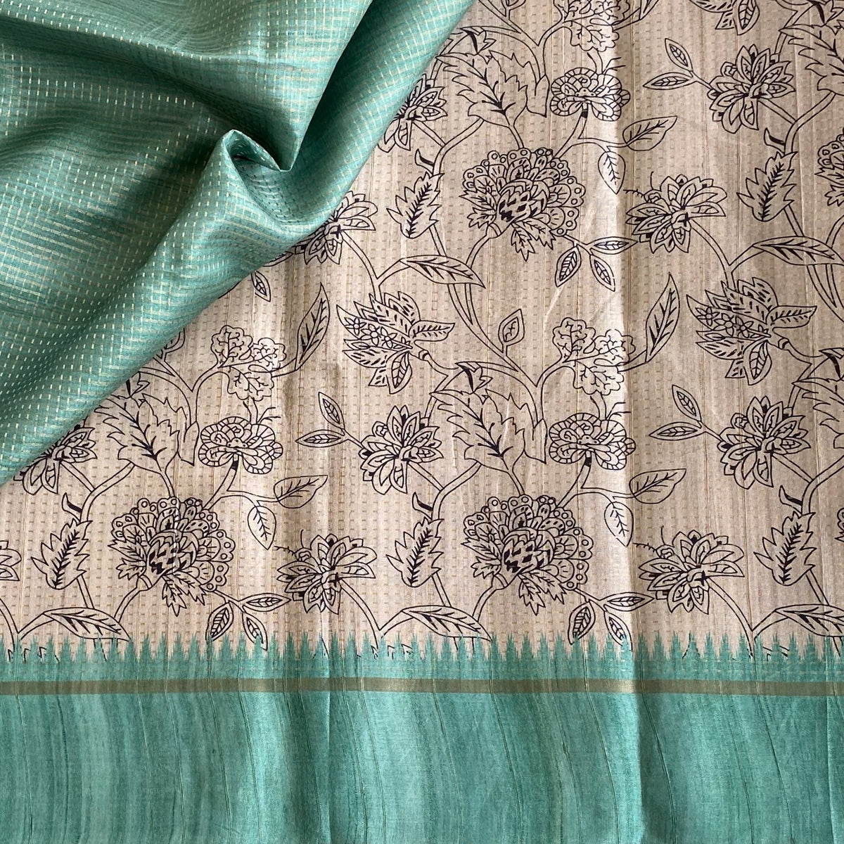 Ecru Beige & Sea Green Soft Tussar Silk Saree With Floral Weave