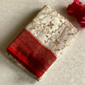 Dreamy Ivory Banarasi Crepe Silk Saree With Crimson Red Brocade