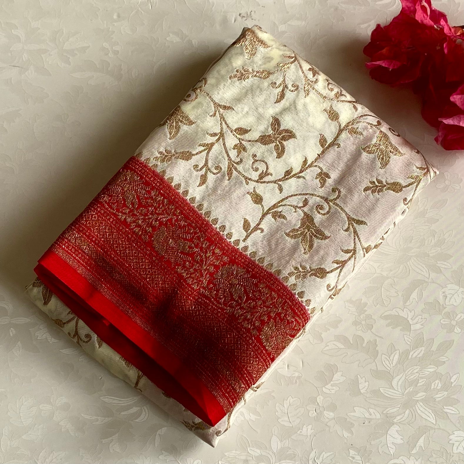 Dreamy Ivory Banarasi Crepe Silk Saree With Crimson Red Brocade