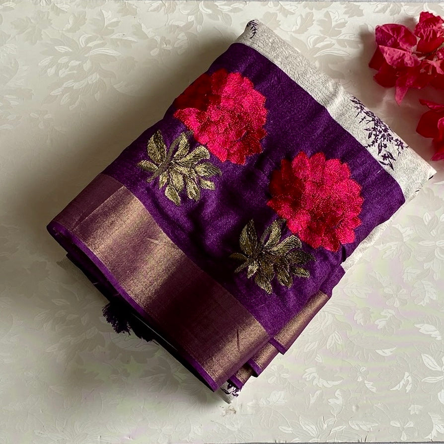 Ivory Soft Tussar Silk Saree With Royal Purple Pallu Embroidered Blooms