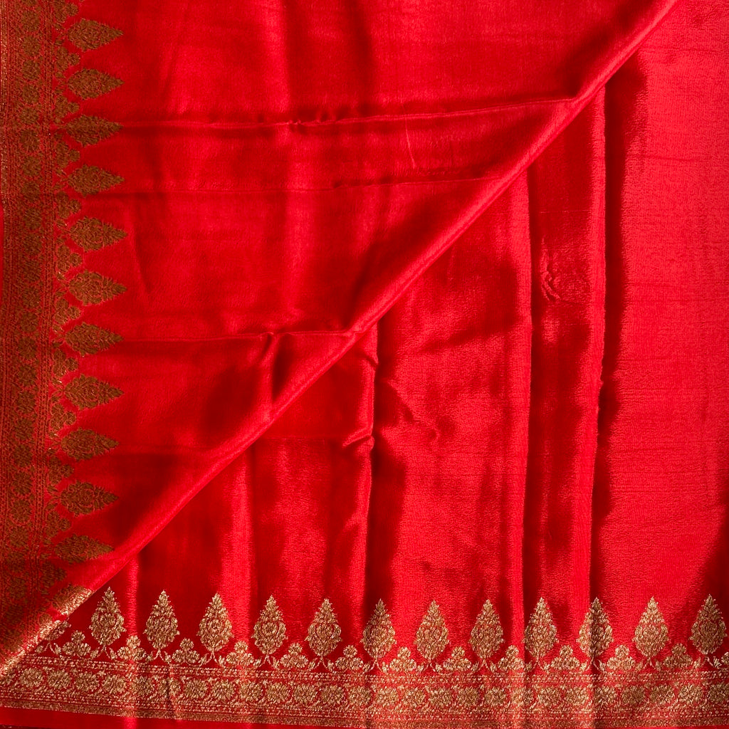 Scarlet Banarasi Soft Crepe with Antique Gold Woven Floral Border