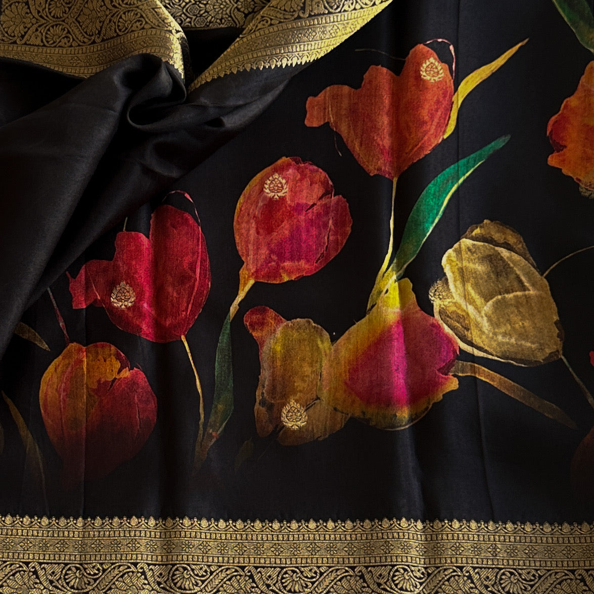 Midnight green Floral Luxury soft tussar Saree with Antique Gold Brocade Border