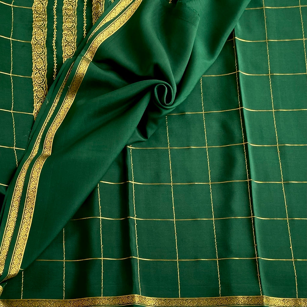 Deep Bottle Green Mysore Crepe Silk Saree With Antique Gold Zari