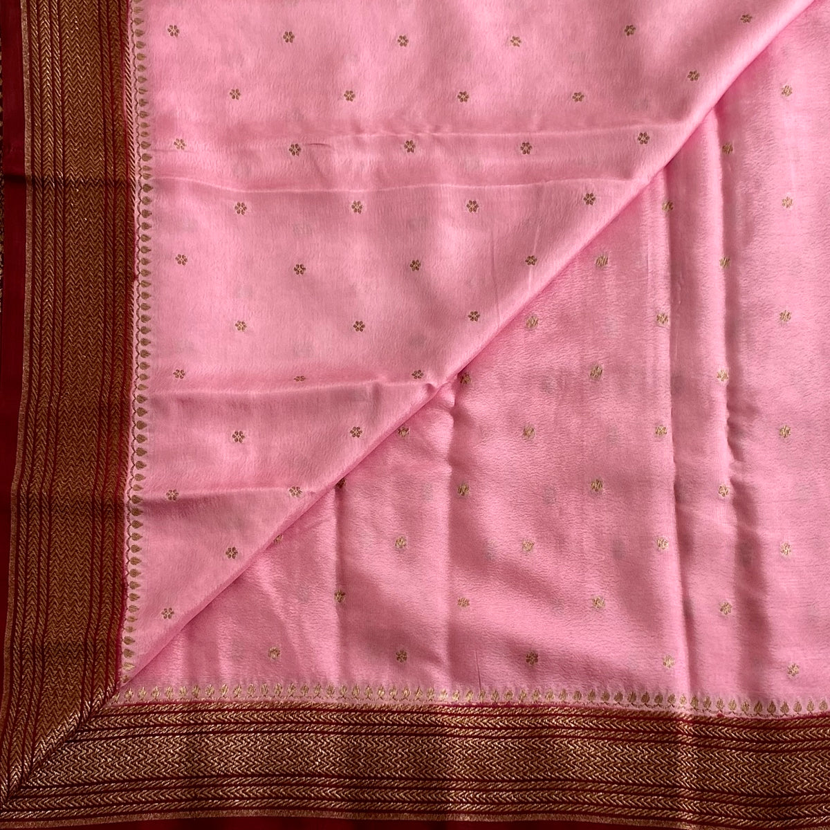 Soft Pink Banarasi Crepe Silk Saree With Burgundy Wine Pallu