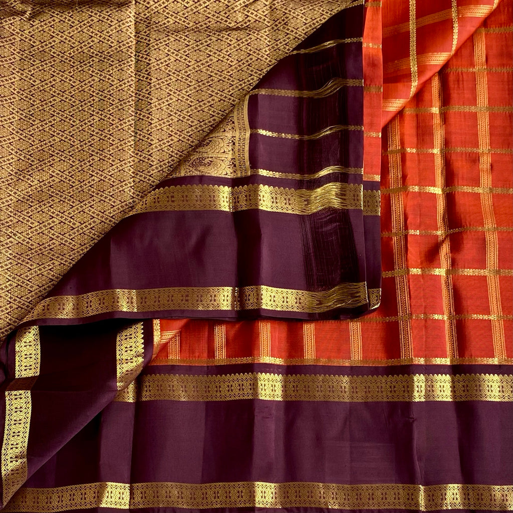 Classic Rust Orange With Coffee Brown Checkered Pure Silk Elegance