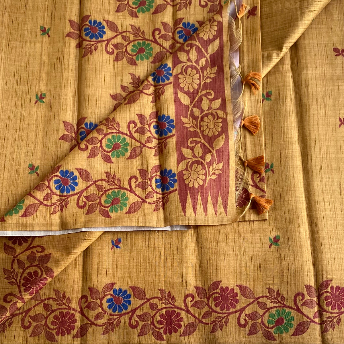 Mustard Earthy Soft Tussar Silk Saree With Rust Maroon Border