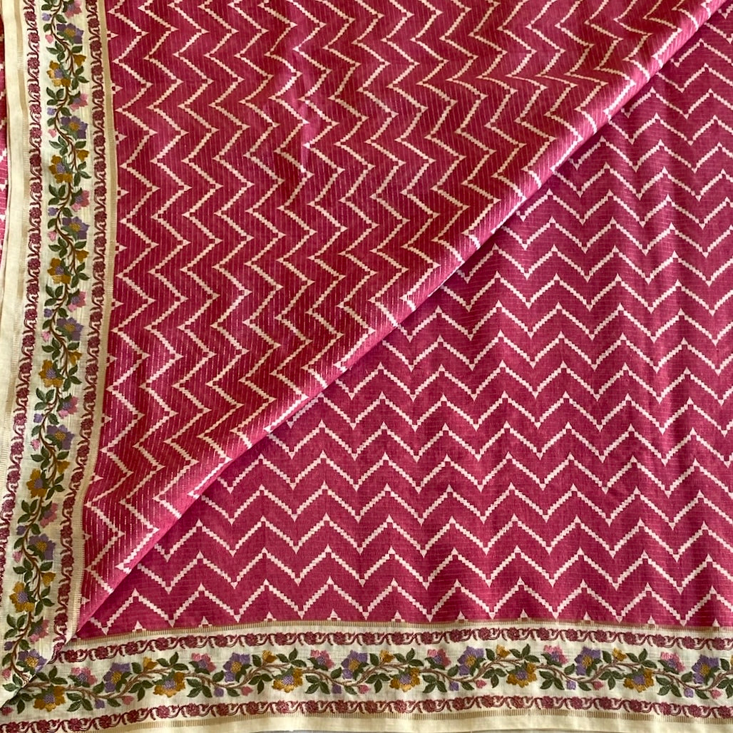 Rani Pink Soft Tussar Silk Saree With Ivory Cream Pallu Embroidered Borders