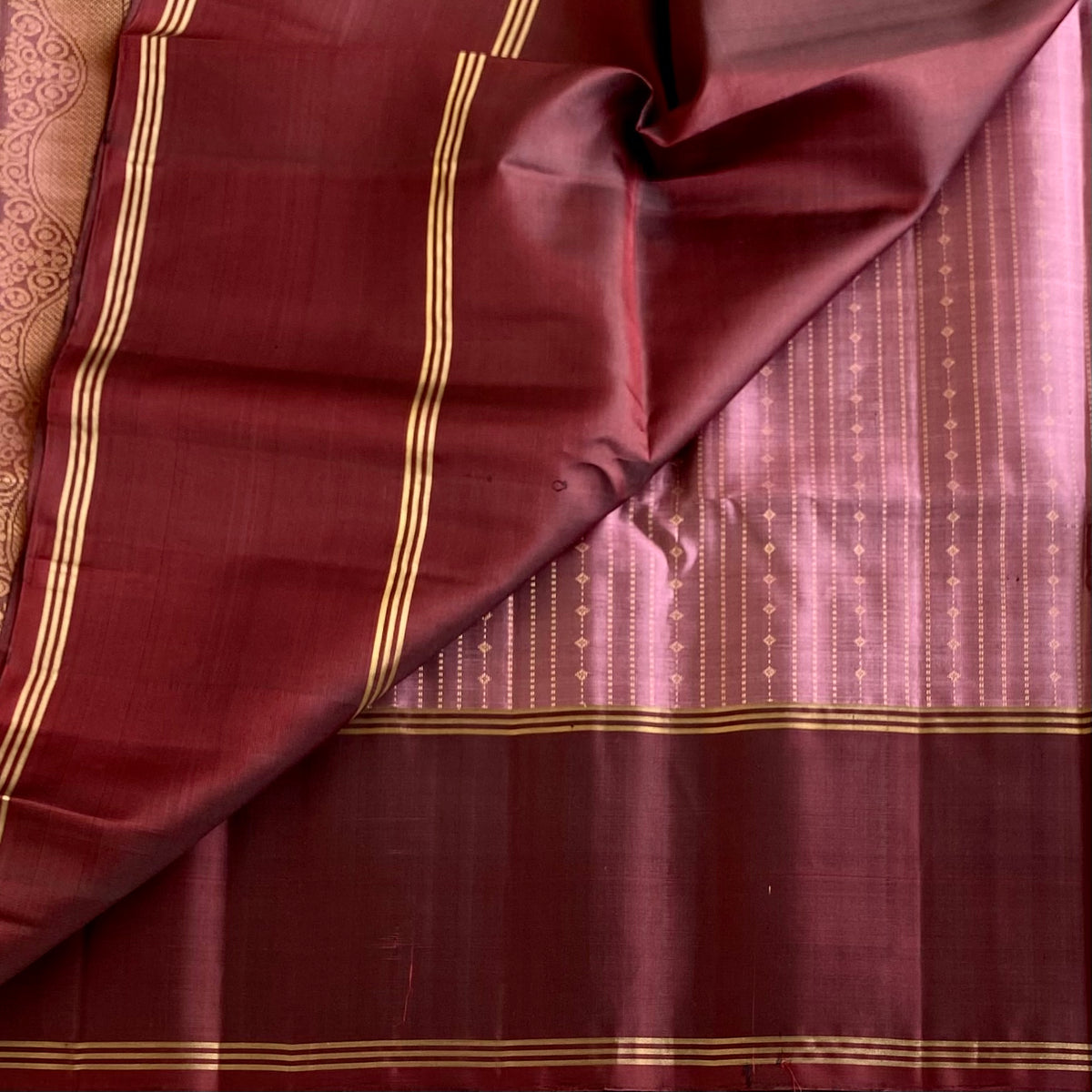 Metallic Mauve & Burgundy Designer Pure Silk Saree With Intricate Gold Zari