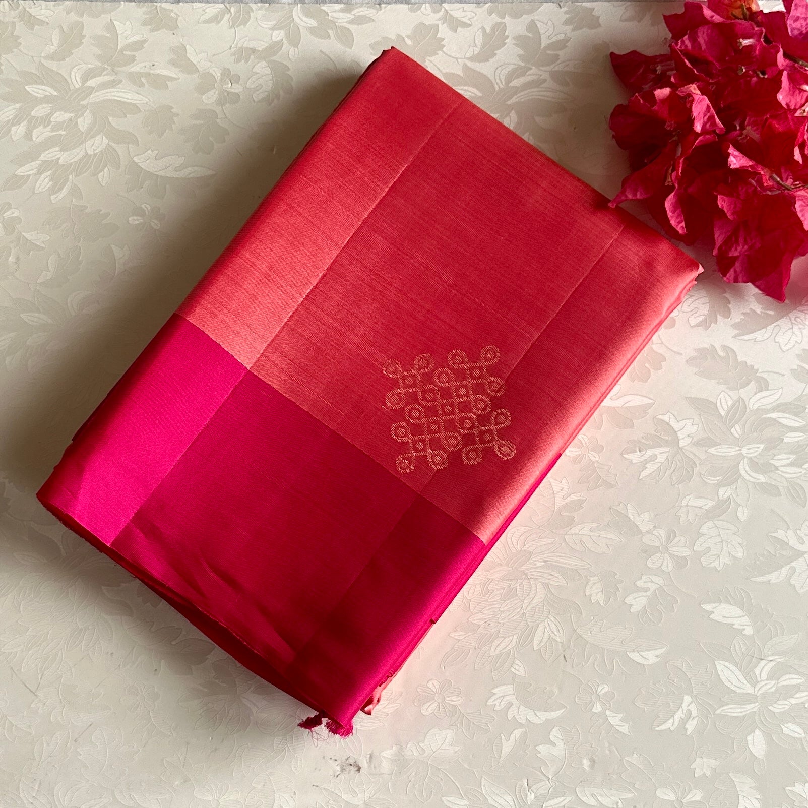 Coral Peach Kollam Designer Pure Silk With Rani Pink Contrast