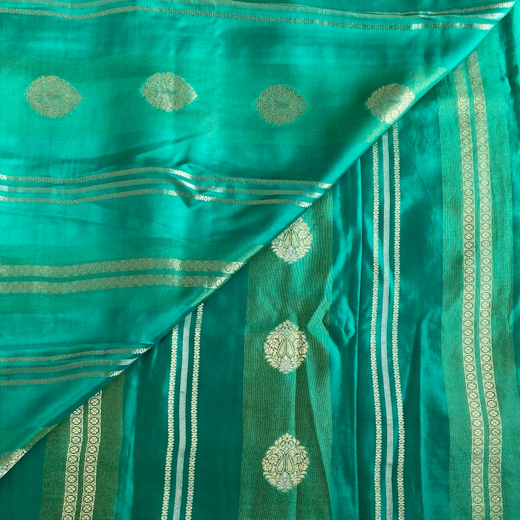 Peacock Sea Green Designer Soft Crepe Saree With Antique Gold Pallu