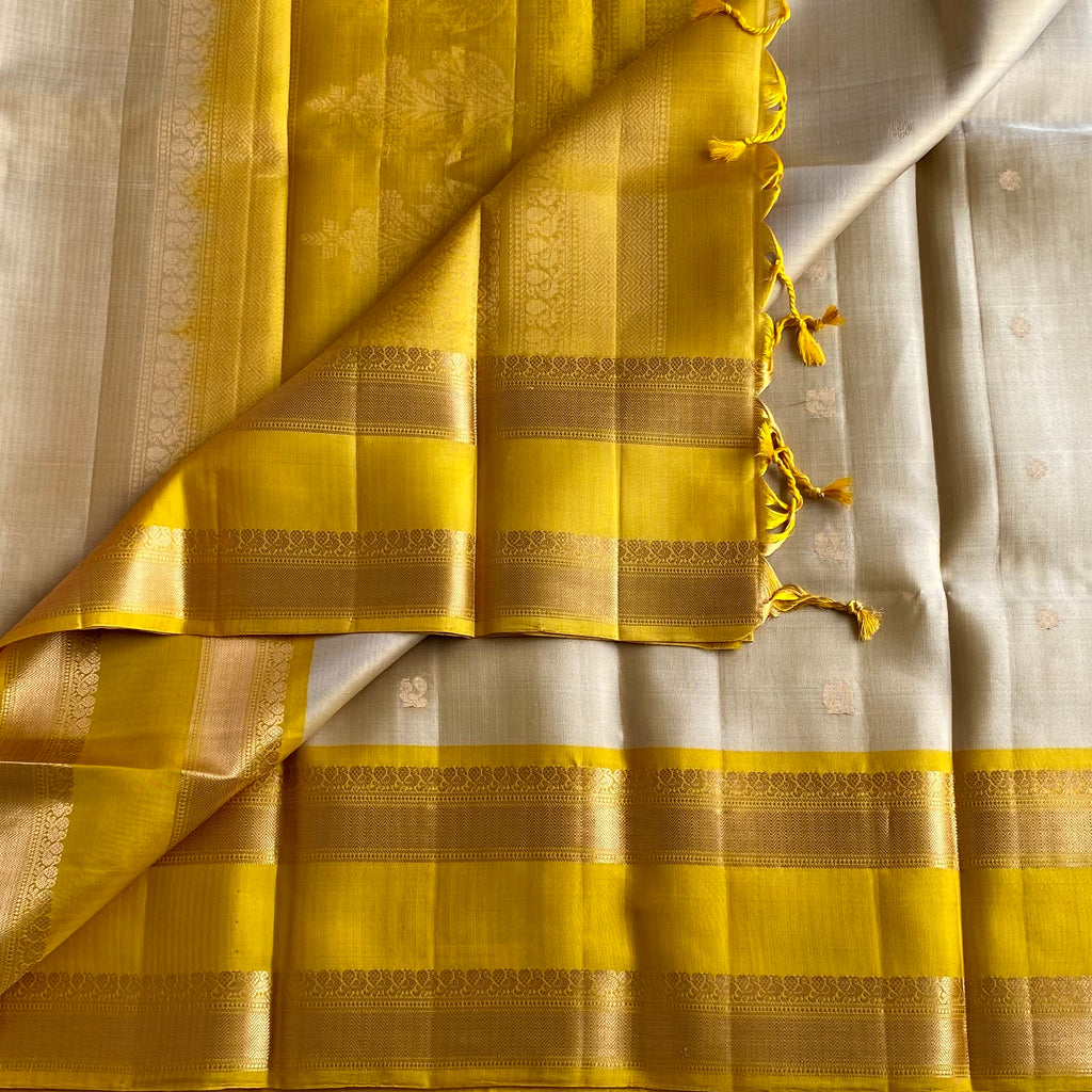 Champagne Beige Designer Pure Silk Saree With Mustard Yellow  Border
