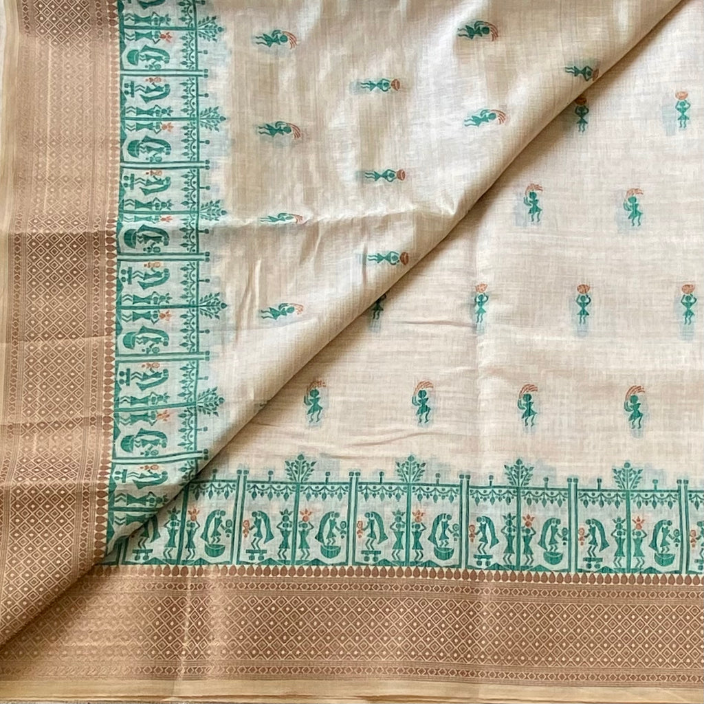 Elegant Ivory Teal Handloom Saree with Bronze Border Tassel Pallu