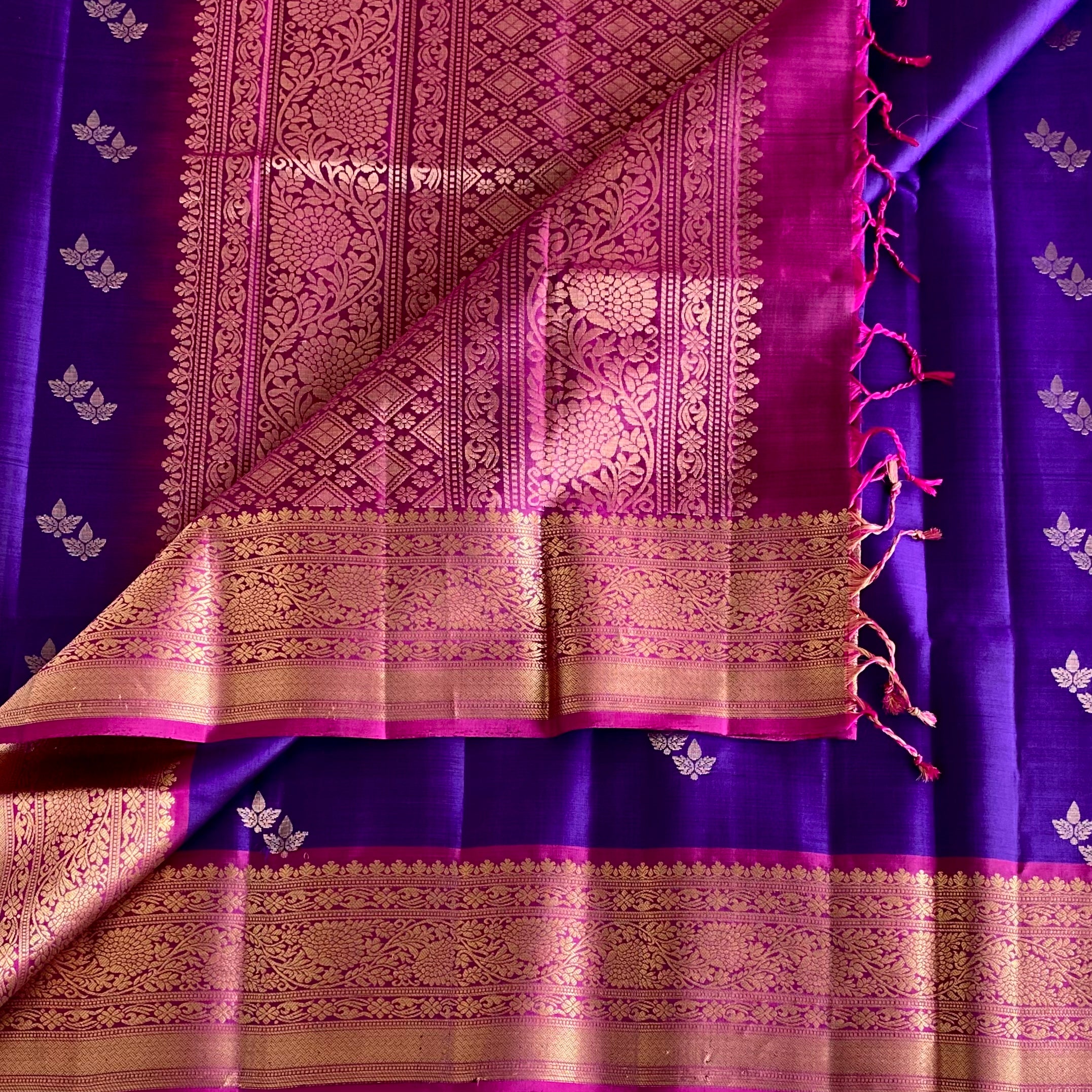 Royal Purple Designer Pure Silk Saree With Rani Pink Pallu