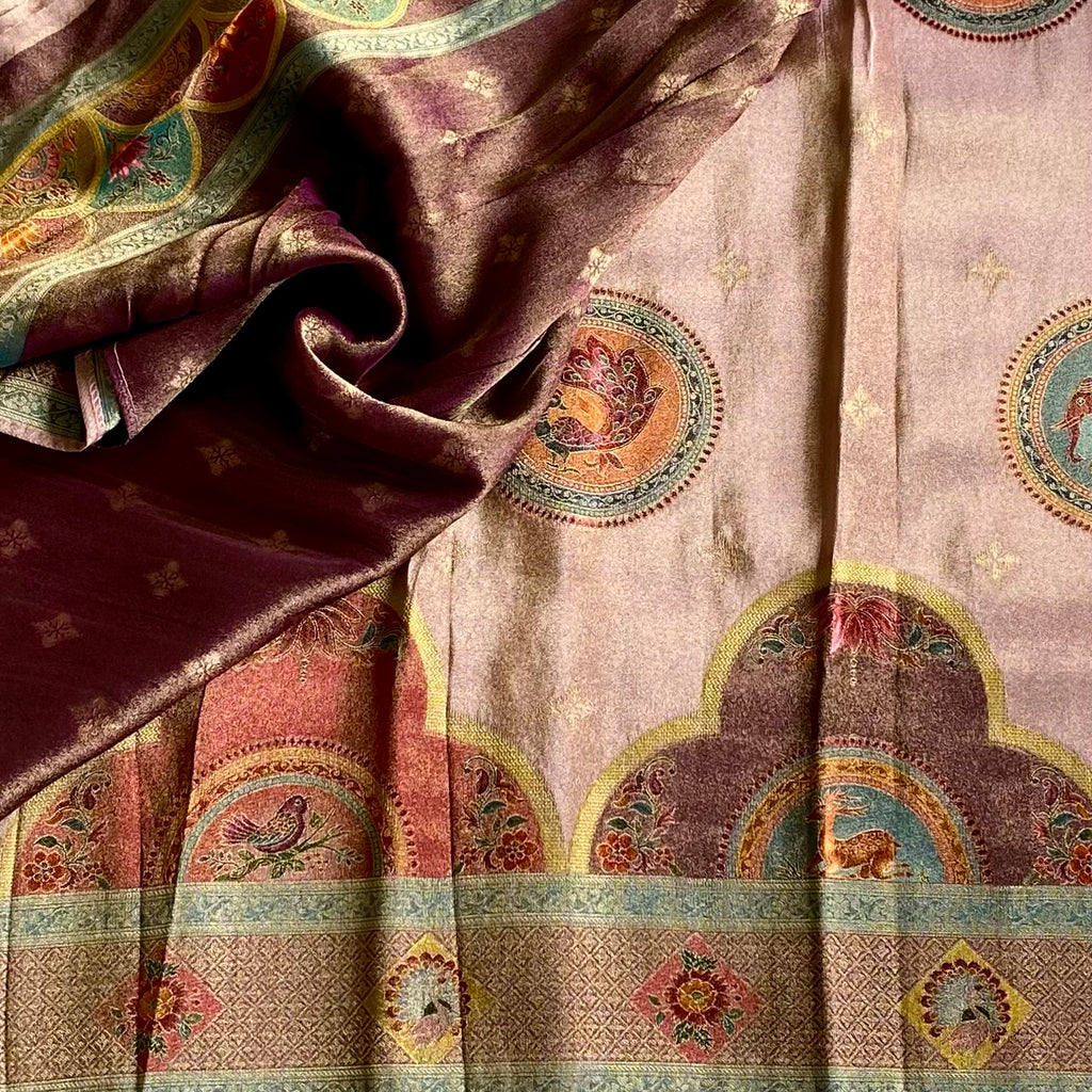 Blush Pink Soft Tissue Silk Saree Teal Blue Border Magenta Pallu