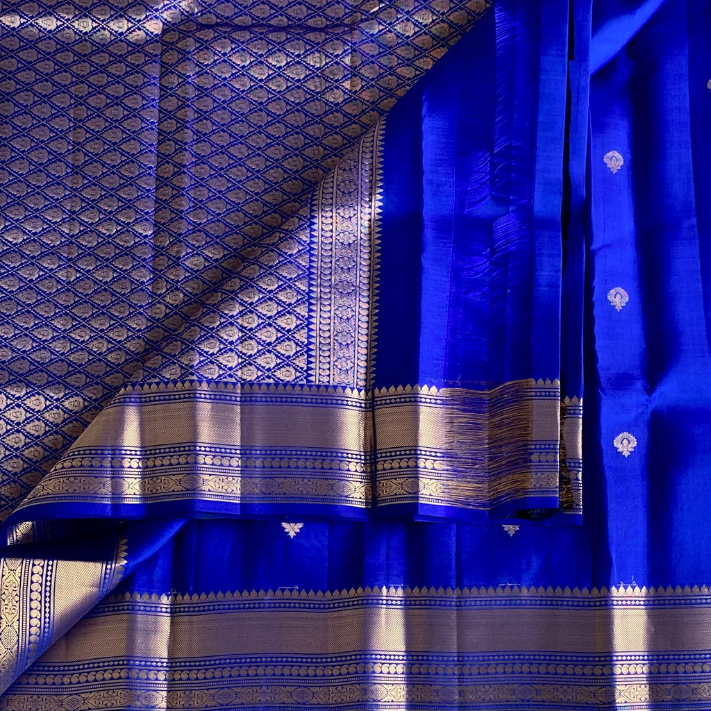 Royal Blue Designer Pure Silk Saree With Antique Gold Brocade Pallu