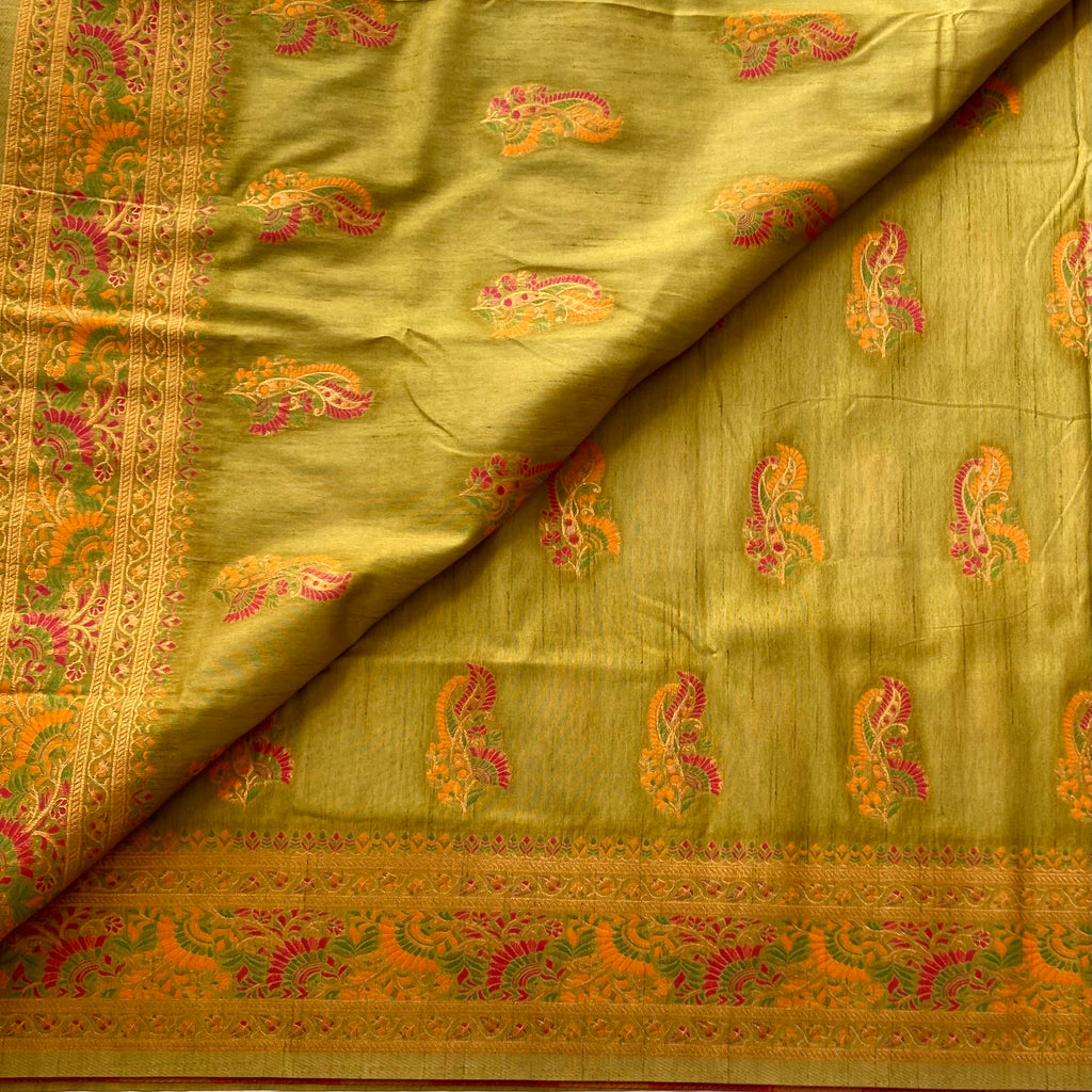 Traditional Olive Green Silk Paisley Saree Gold Zari Floral Border